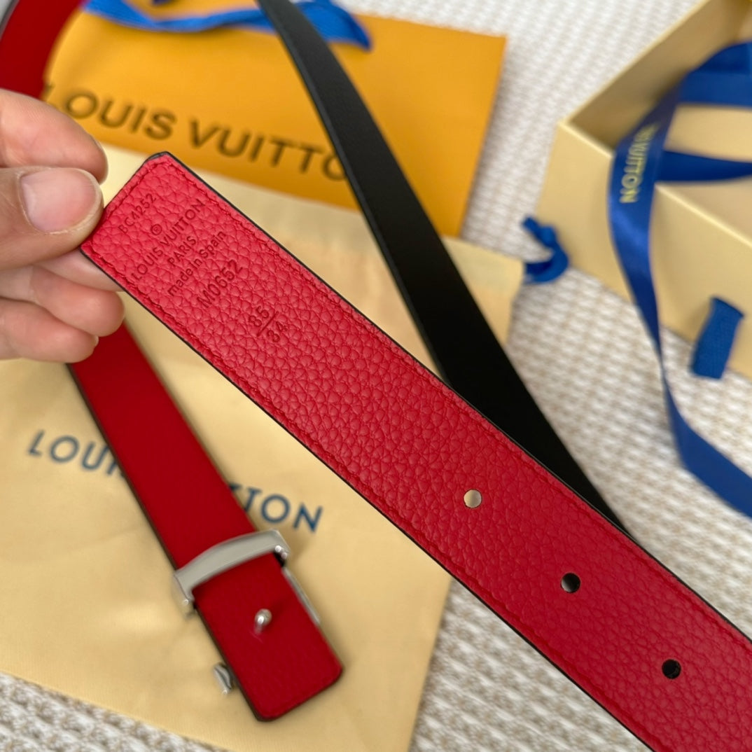 LV 30 MM BELTS IN BLACK AND CHERRY RED CALFSKIN