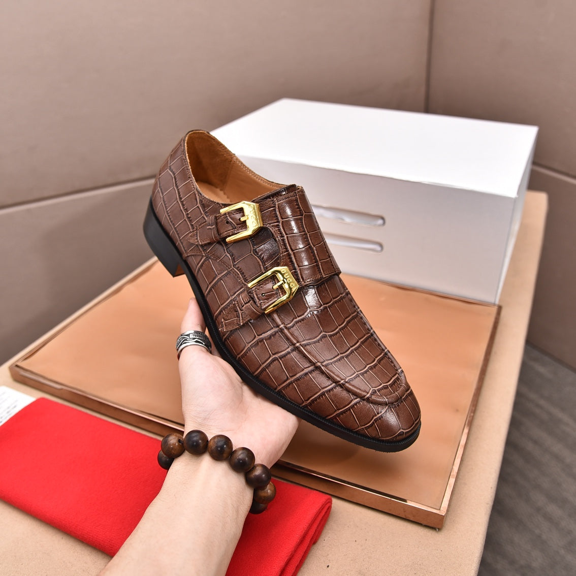 GG Men's Double Monk Strap Loafer Brown Embossed Cowhide