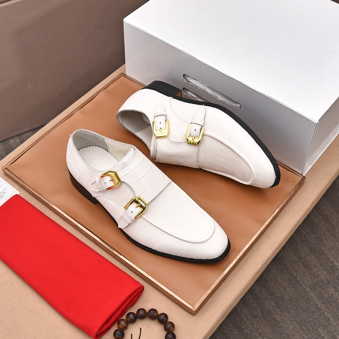 GG Men's Double Monk Strap Loafer White Embossed Cowhide