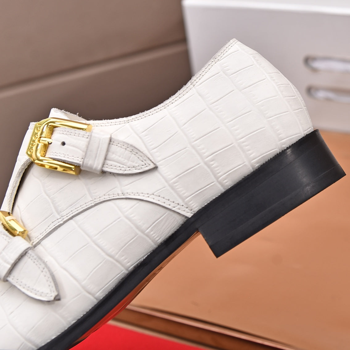 GG Men's Double Monk Strap Loafer White Embossed Cowhide