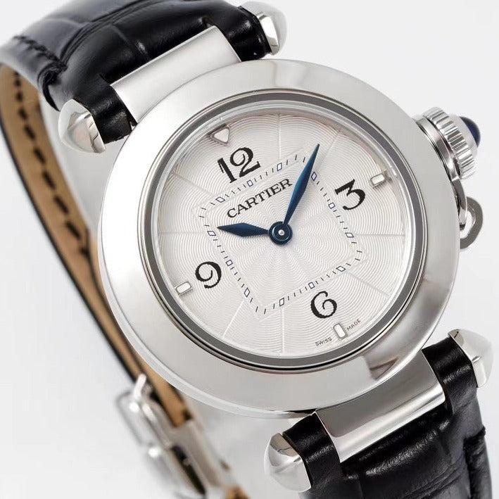 pasha 30mm quartz stainless steel white dial black leather