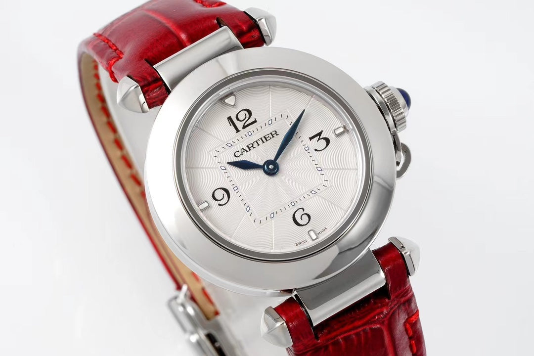 pasha 30mm quartz stainless steel white dial red leather