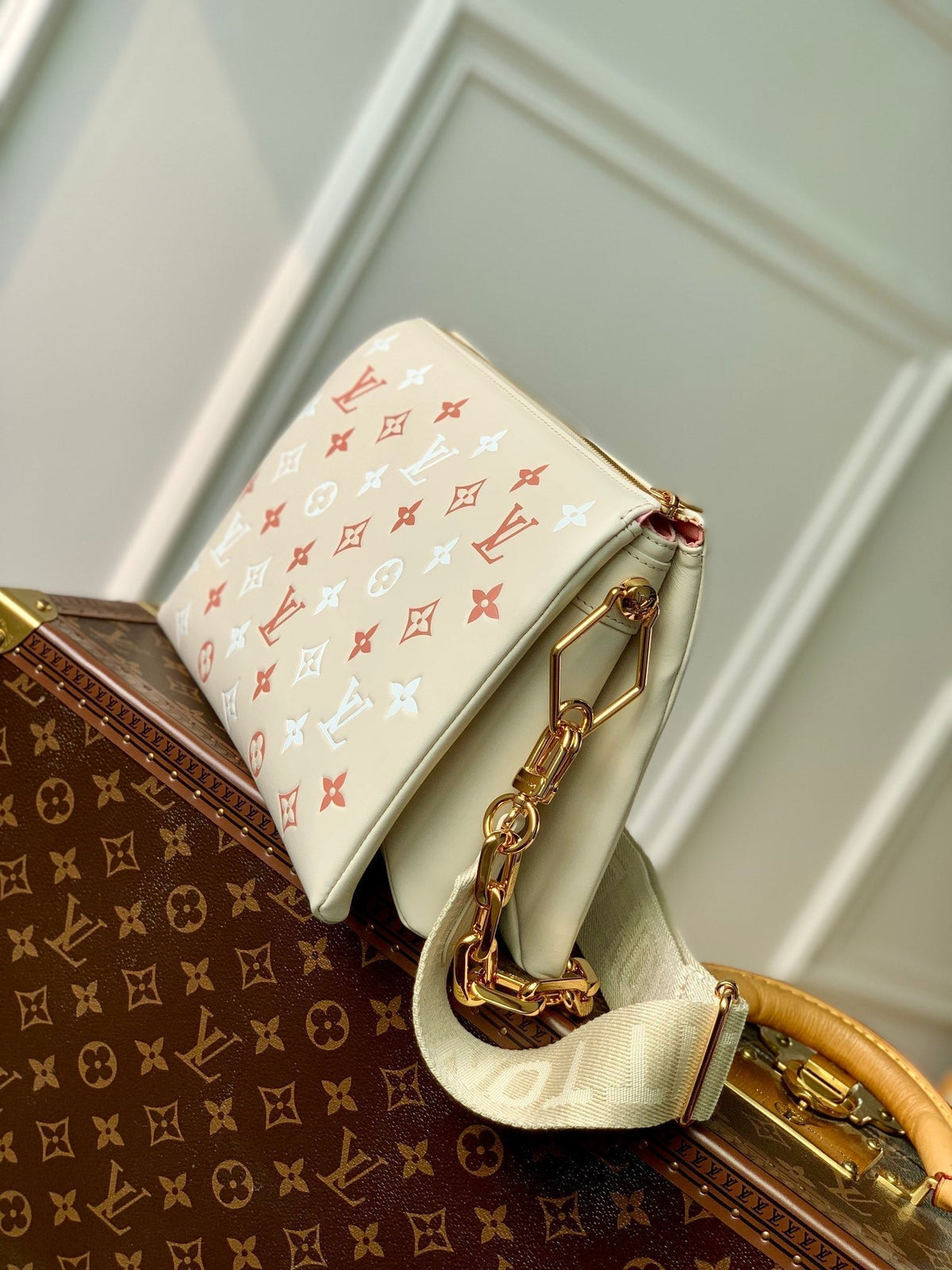 coussin pm 26cm cream red white monogram empreinte calfskin
