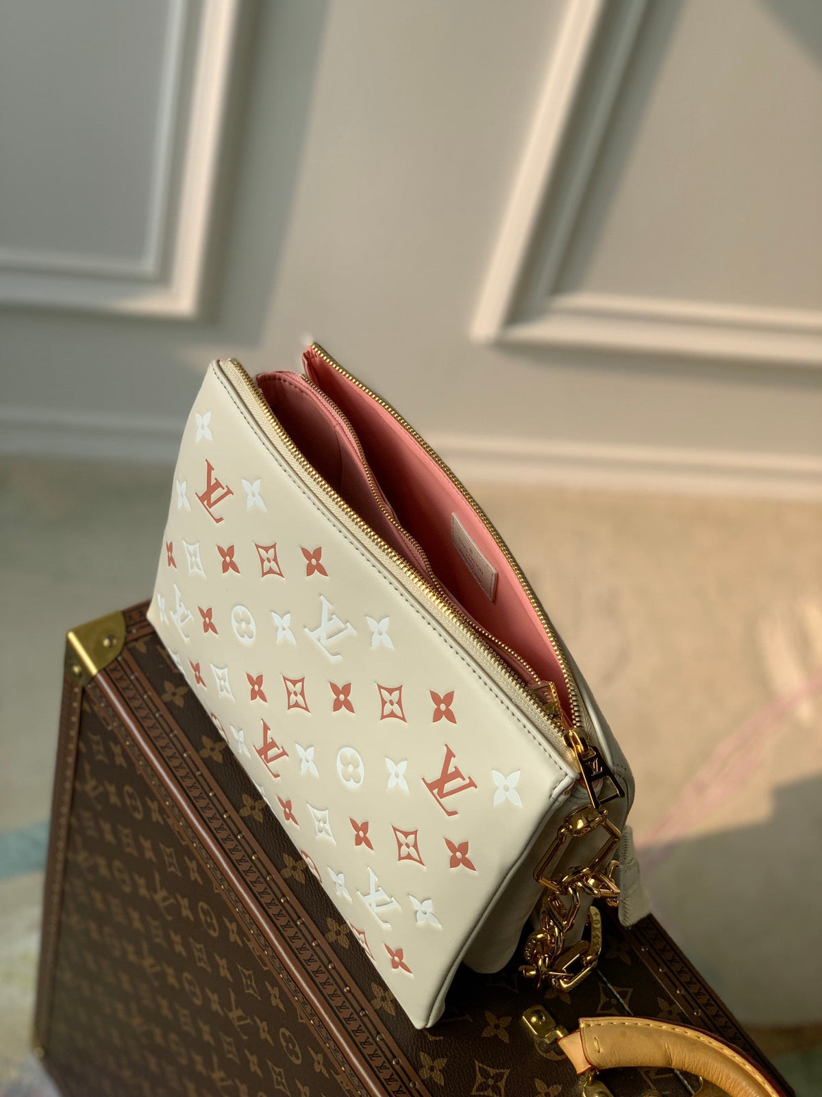 coussin pm 26cm cream red white monogram empreinte calfskin