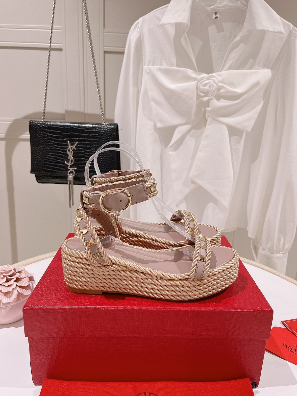 VT Rockstud Platform Sandals 65mm Pink Nude Espadrilles Calfskin 521310