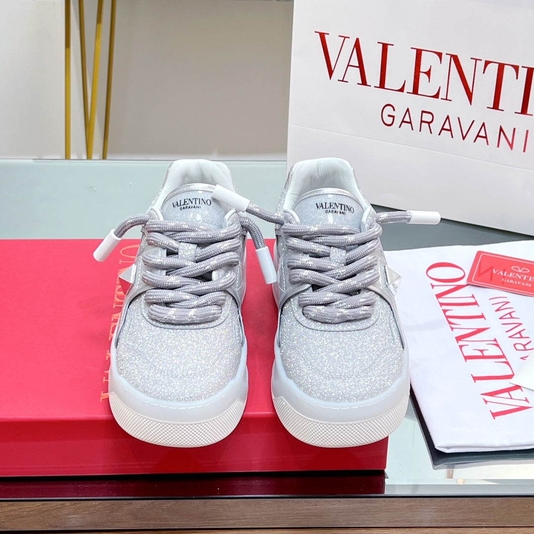 VT 2025 Garavani Sneakers Silver Leather Glitter Fabric 546991