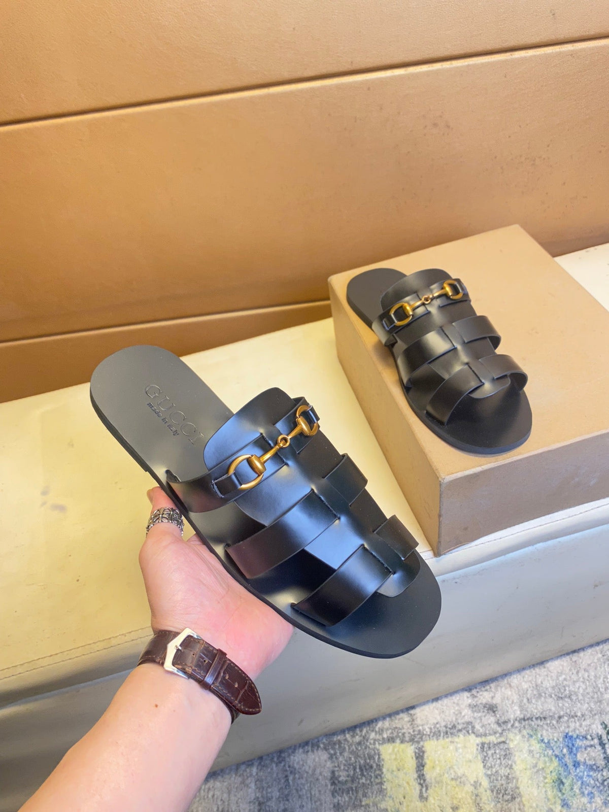 GG Men's Sandals Slide Black Green Cowhide