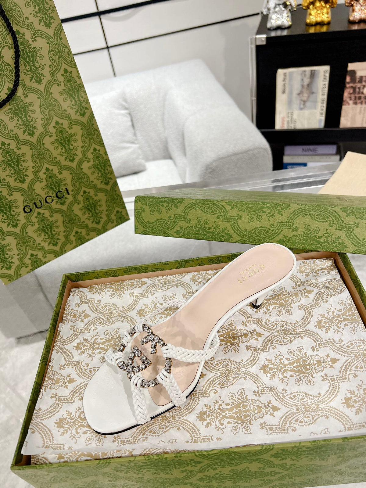 GG CRYSTAL MID - HEEL WHITE CALFSKIN
