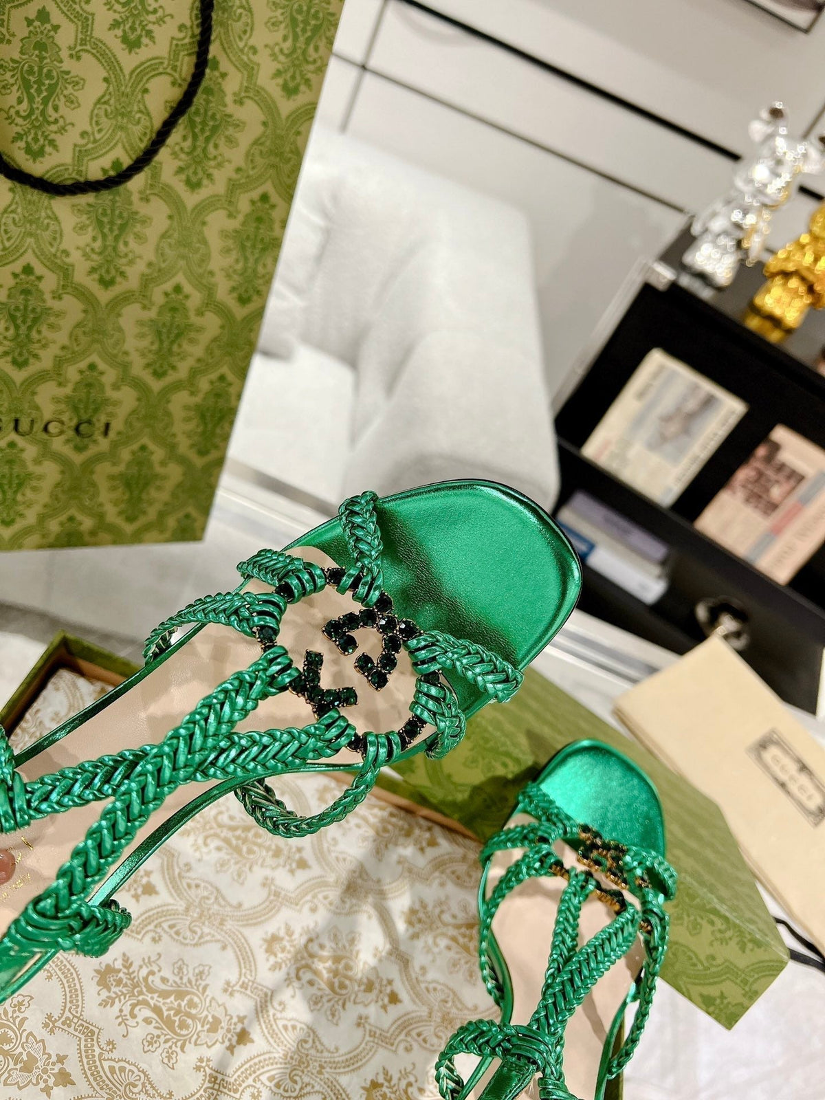 GG CRYSTAL HIGH HEEL SANDAL JADE GREEN CALFSKIN SPECIAL