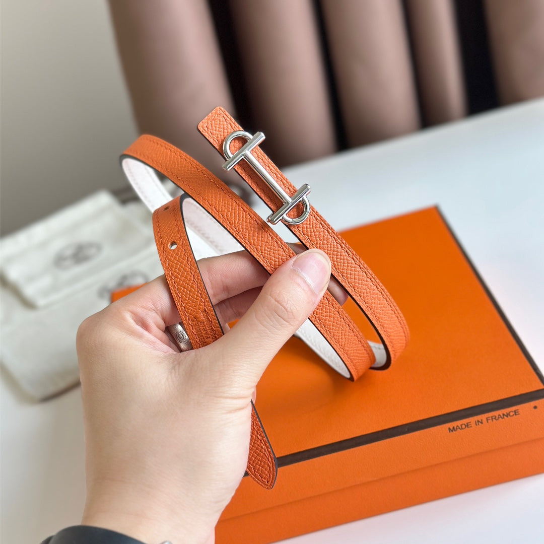 HM GAMMA BUCKLE & REVERSIBLE WHITE AND ORANGE LEATHER STRAP 13MM SILVER HARDWARE