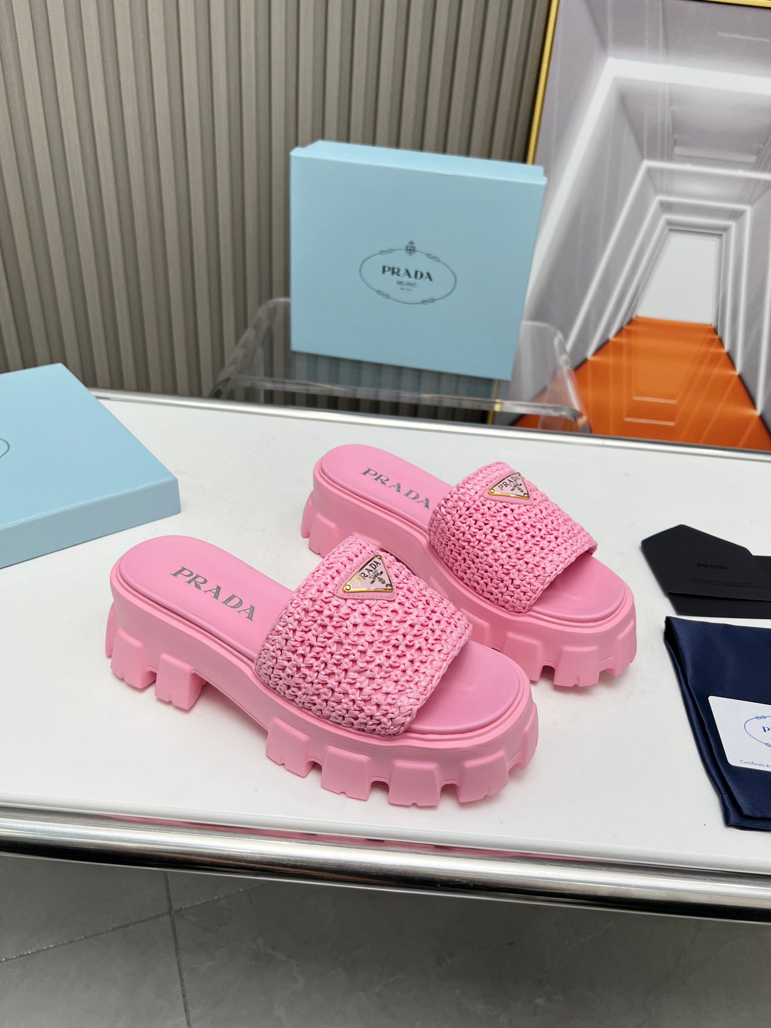 PRA THICK-SOLED CROCHET SANDALS PINK WOVEN FABRIC