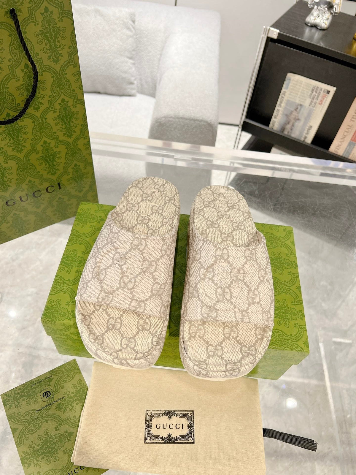 GC 25 Interlocking G 50mm Slide Sandal Monogram Beige Cowhide 292388