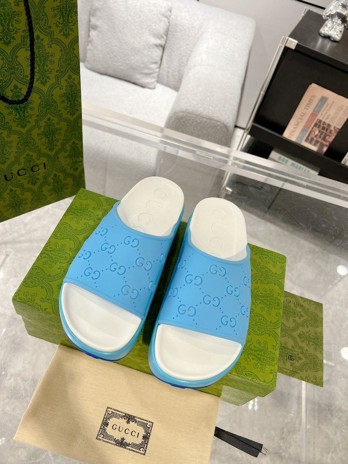GC 25 50mm Monogram Slide Sandal Sky Blue White Cowhide 292392