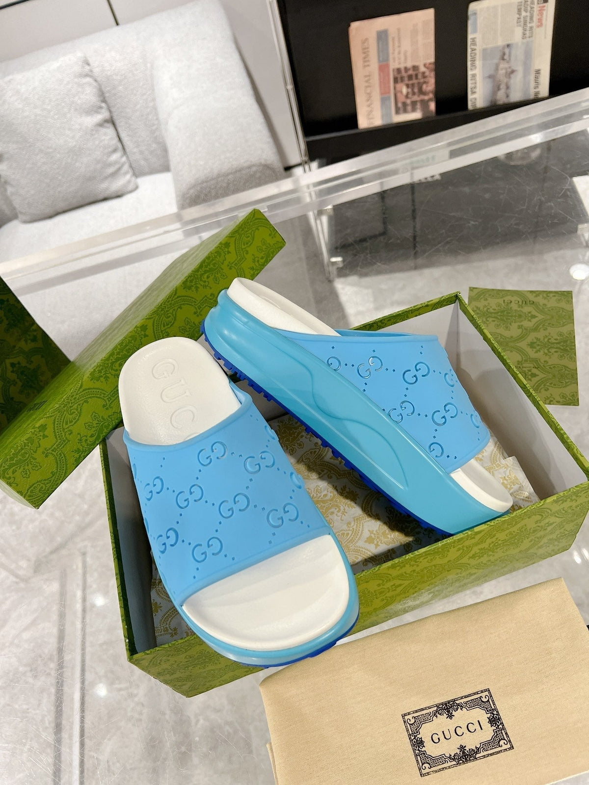 GC 25 50mm Monogram Slide Sandal Sky Blue White Cowhide 292392
