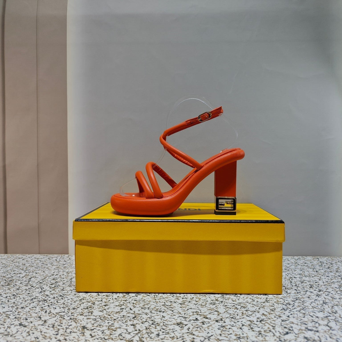 FENDI CHUNKY HIGH-HEELED SANDAL IN ORANGE RED CALFKIN WITH GOLD HARDWARE