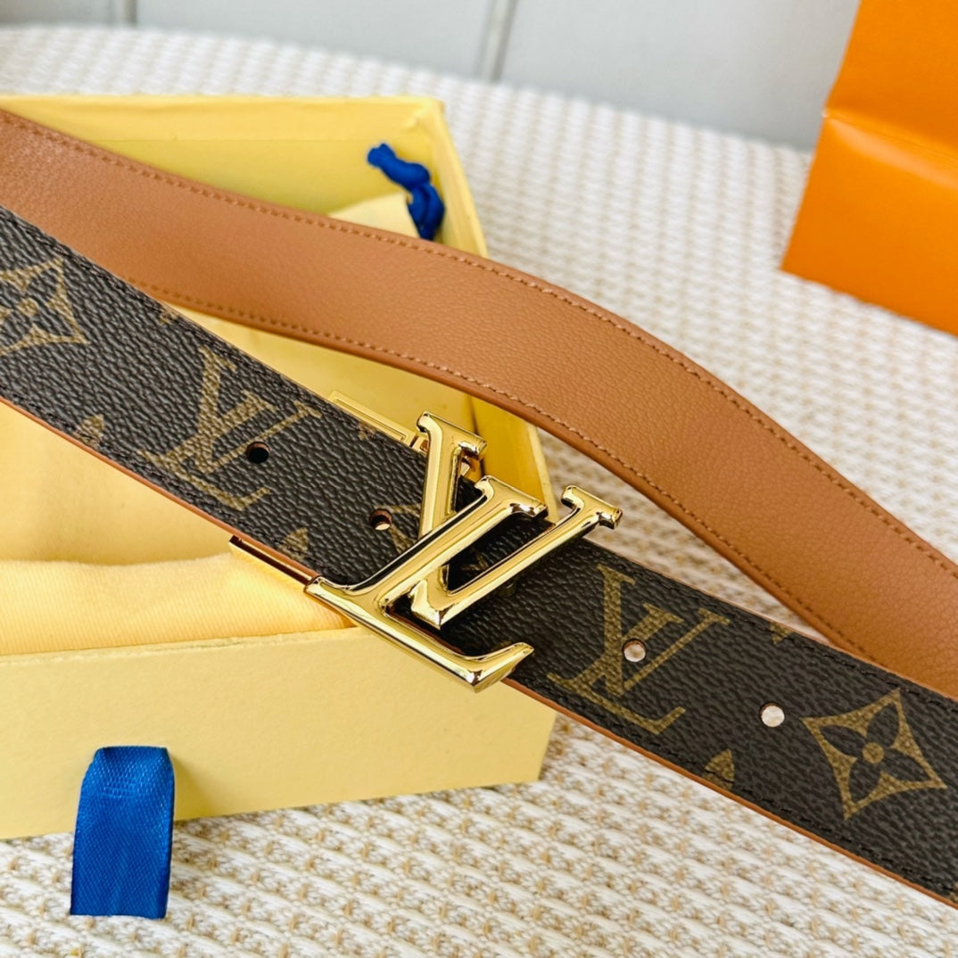LV Initiales 30mm Reversible Belt Gold Rotating Buckle Tan Brown Leather