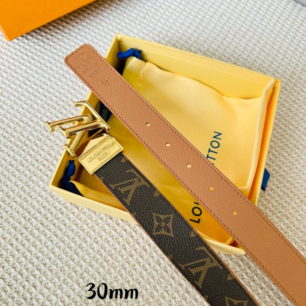 LV Initiales 30mm Reversible Belt Gold Rotating Buckle Tan Brown Leather