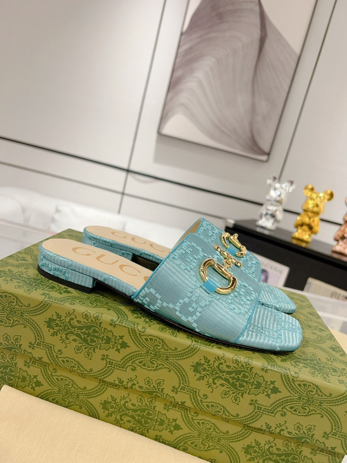 GG CHUNKY SLIDE SANDAL BLUE SKY CALFSKIN