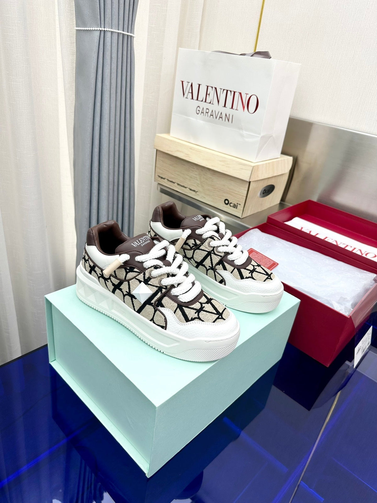 One Stud Xl Low-Top Sneaker Beige Black Nappa Leather And Toile Iconographe Fabric