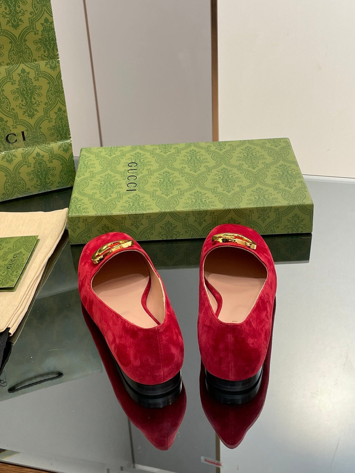 BLONDIE LOGO-PLAQUE LOAFERS IN CRIMSON RED SUEDE