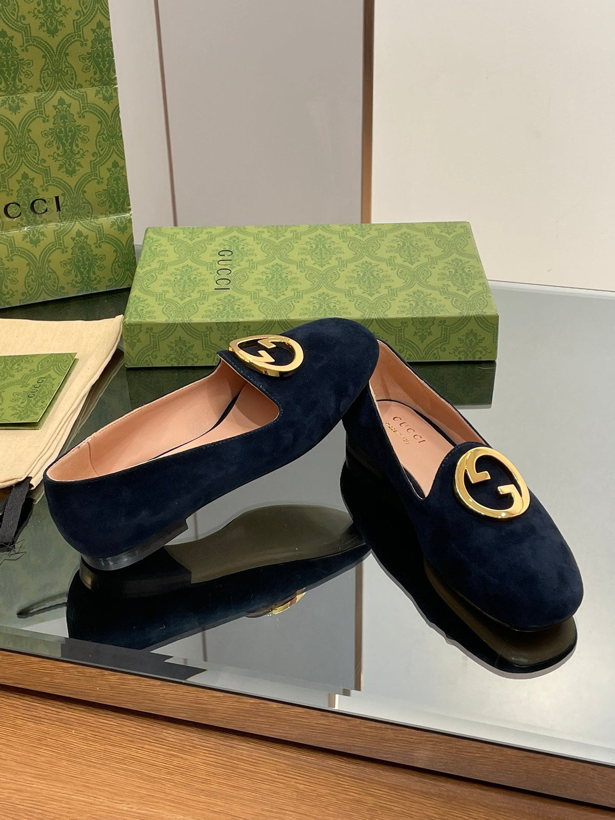 BLONDIE LOGO-PLAQUE LOAFERS IN SPACE BLUE SUEDE