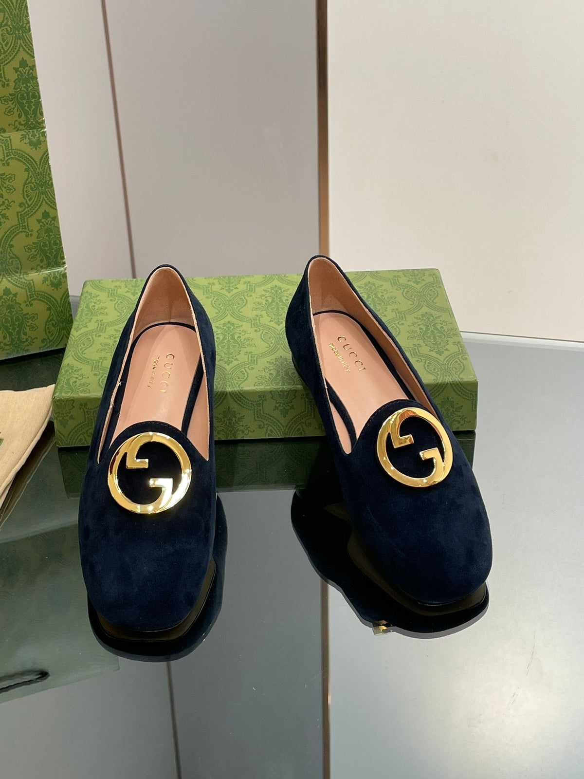 BLONDIE LOGO-PLAQUE LOAFERS IN SPACE BLUE SUEDE