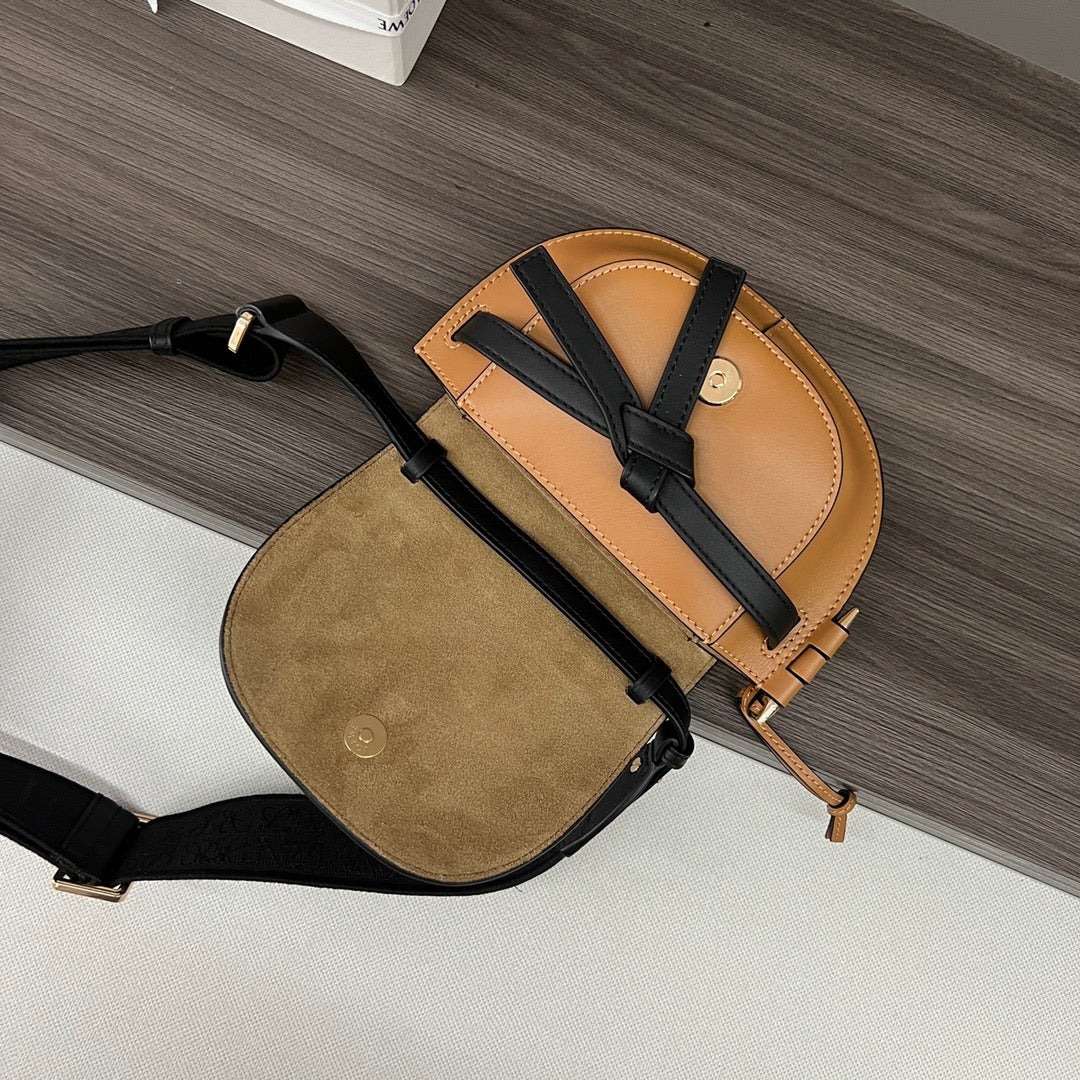 Mini Gate Dual bag in soft calfskin and jacquard Black and Tan smooth caflskin