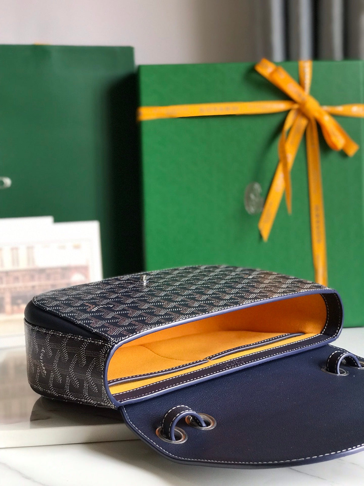 233 BAG 25 IN NAVY BLUE CALFSKIN AND GOYARDINE CANVAS