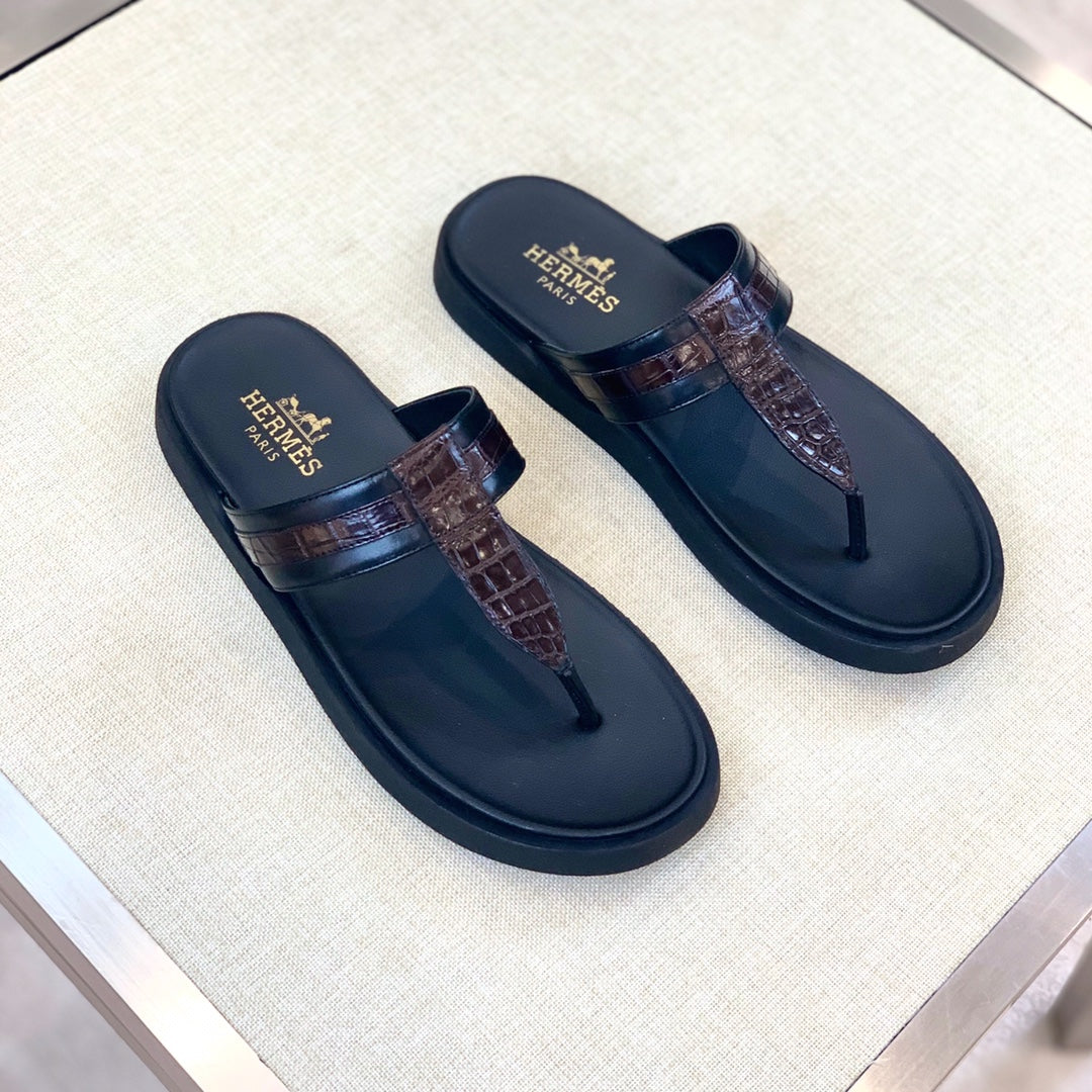 HM Men's Thong Sandals Brown Black Rubber Sheepskin 561666