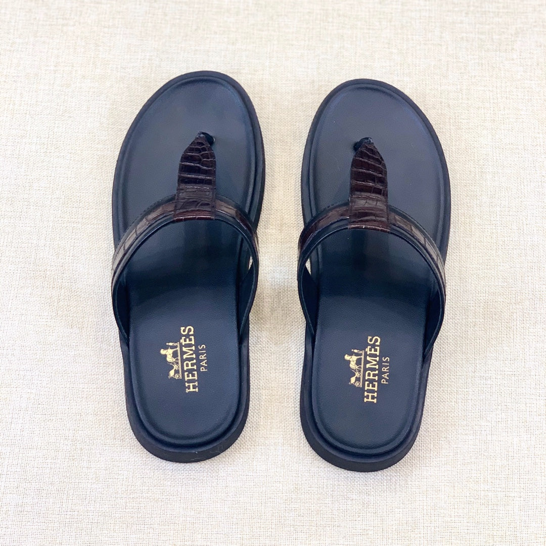 HM Men's Thong Sandals Brown Black Rubber Sheepskin 561666