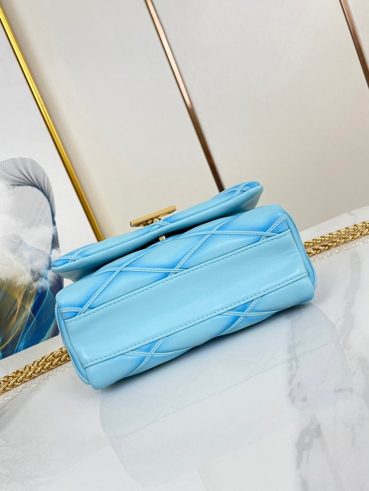 GO-14 MM 23 IN SKY BLUE QUILTED LAMBSKIN GOLD HARDWARE