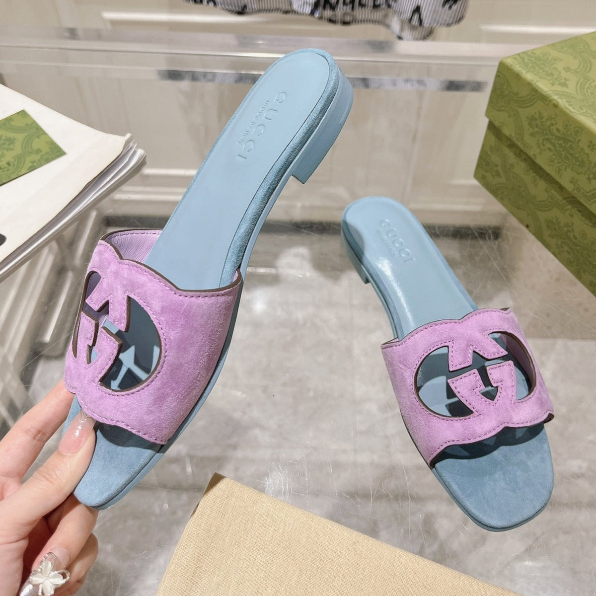 GG  Interlocking double G hollow slippers Orchid Purple Blue