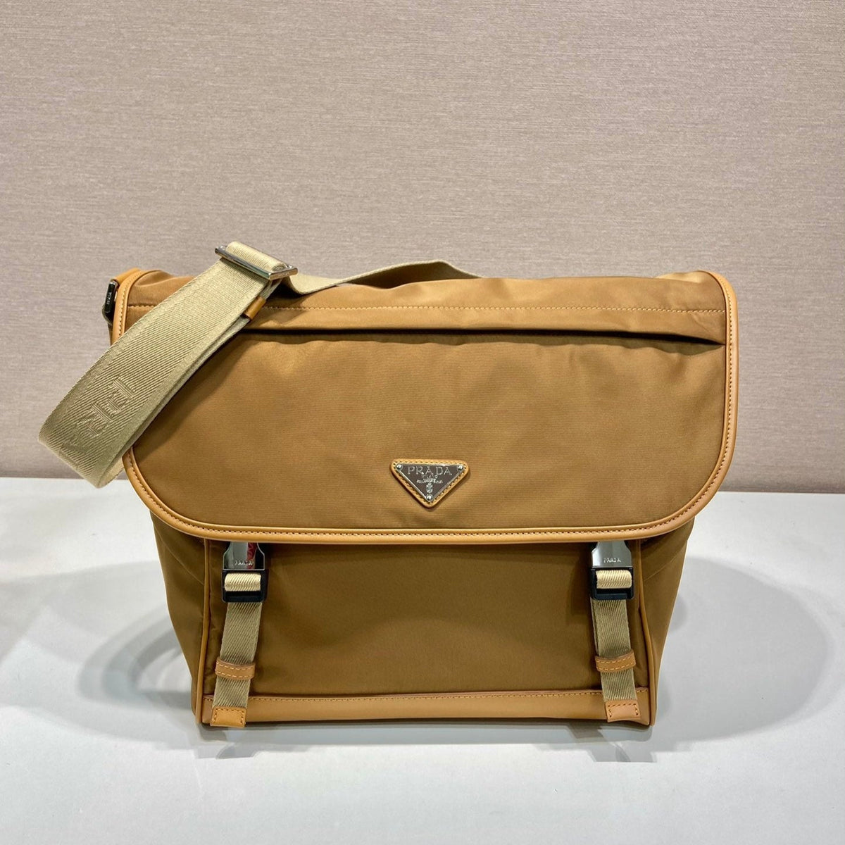 LARGE FLAP BAG 30 IN CIDER BROWN RE-NYLON AND CALFSKIN TRIM
