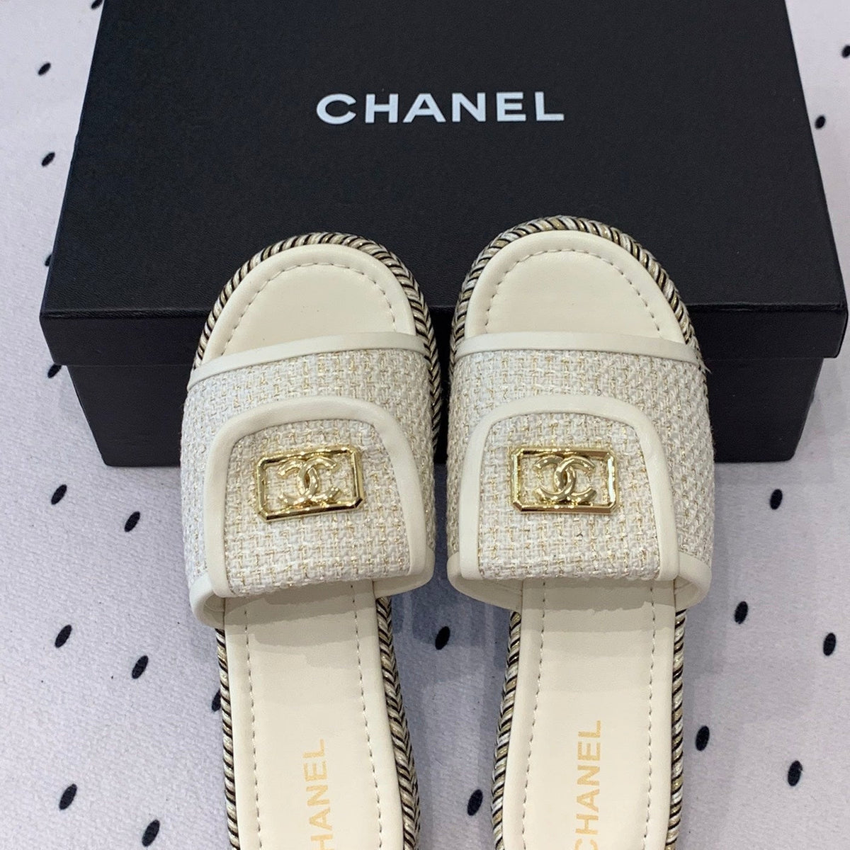 mule sandal cream tweed white calfskin