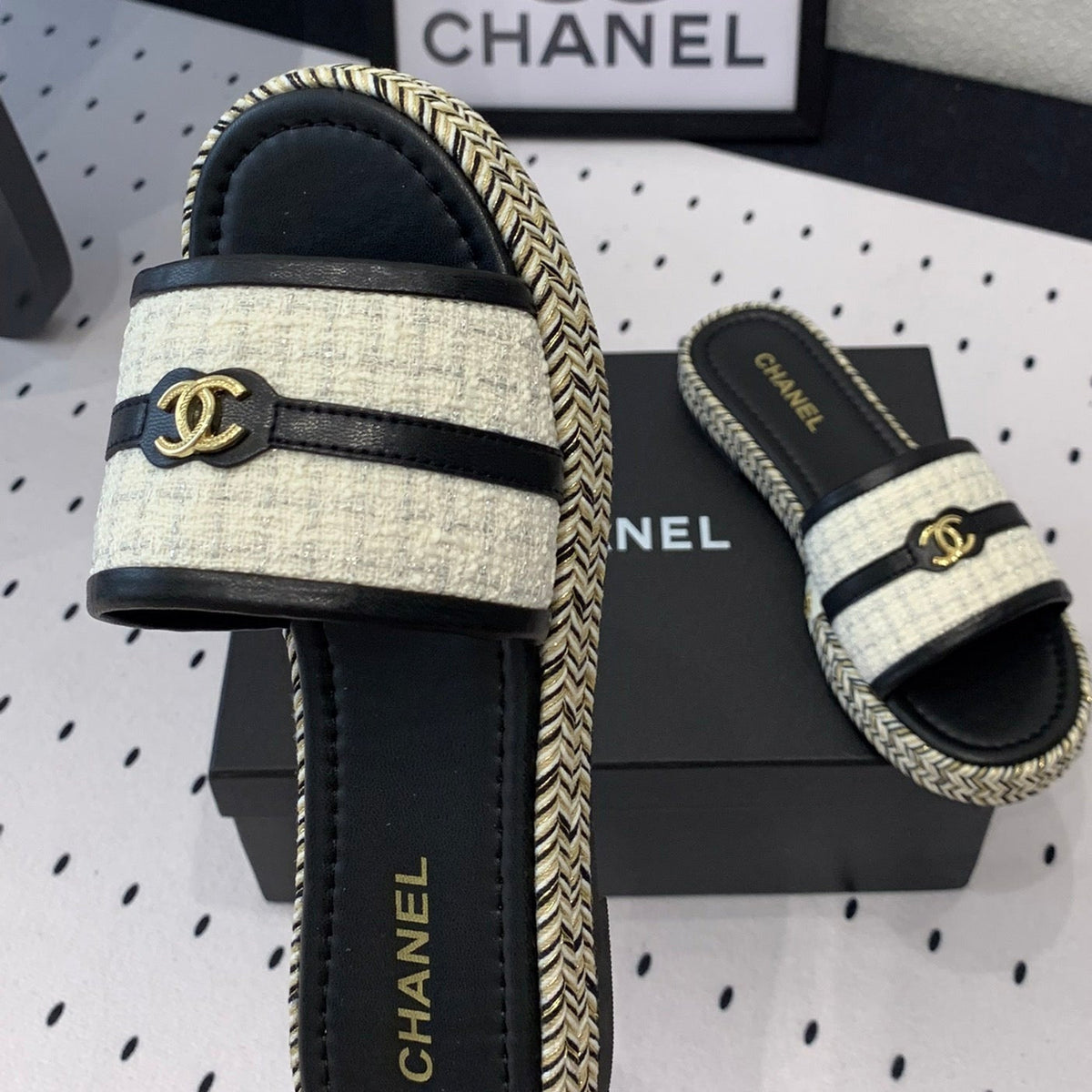 mule sandal white tweed black calfskin