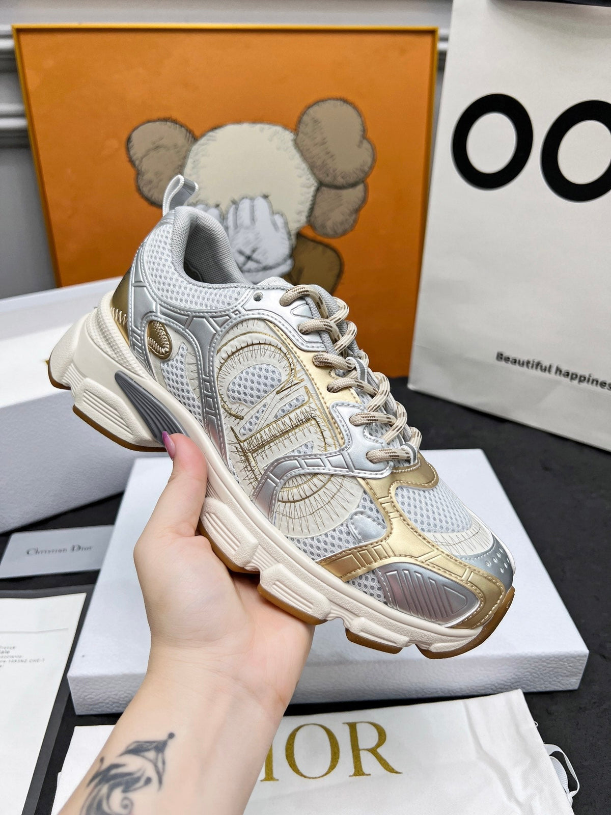CD Chrono Sneaker Grey Gold Mesh Fabric And Calfskin
