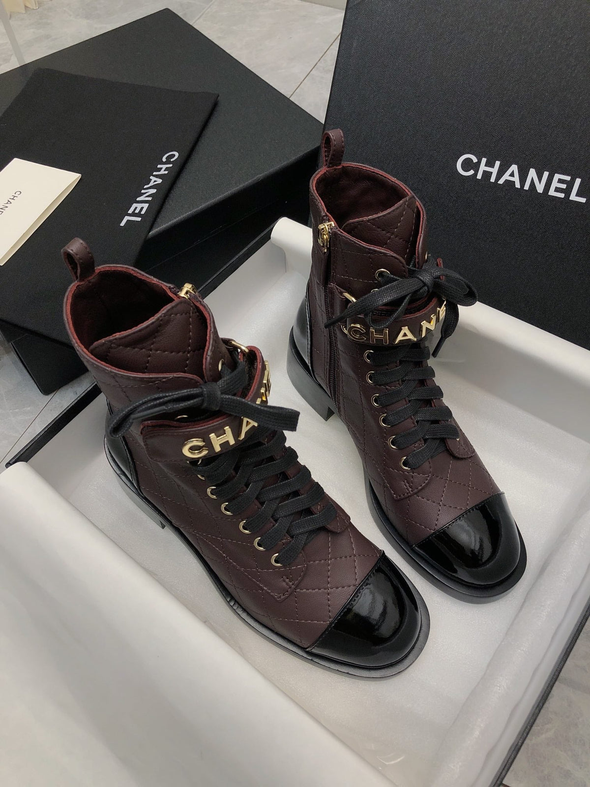 CC Short Boots 45mm In Brown Red Mix Black Quilted Lambskin And Glossy Cowhide 950033