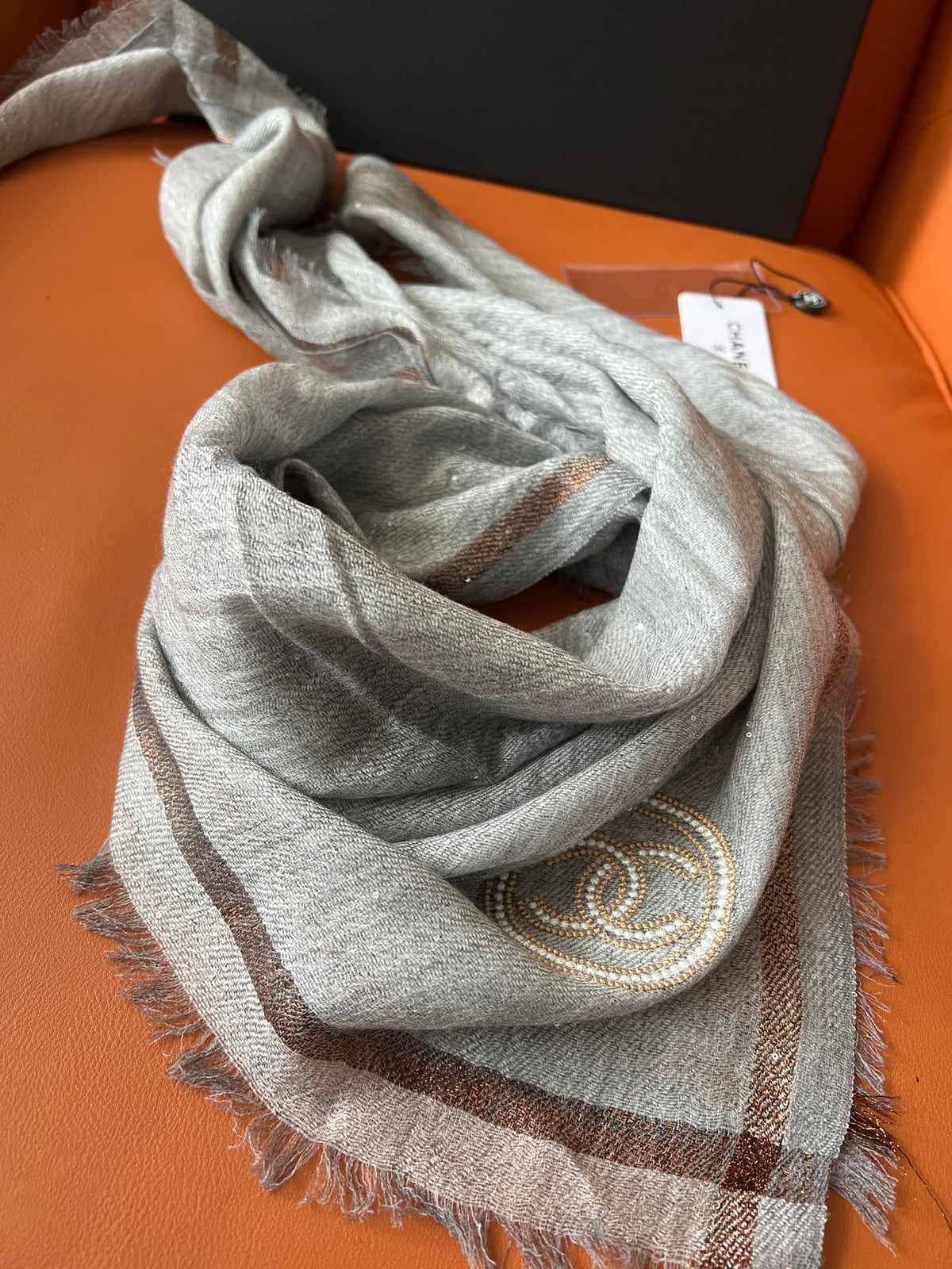 CC Square Scarf 100 CM In Grey Cashmere And Wool Mix Sequin Fabric 345992