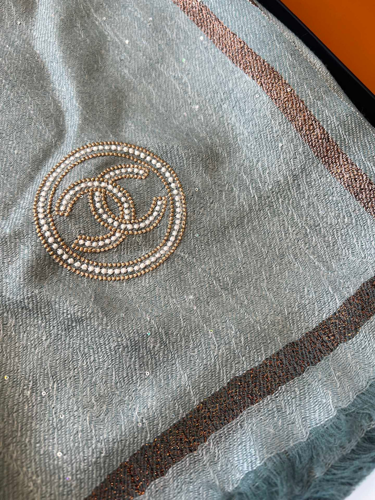 CC Square Scarf 100 CM In Grey Blue Cashmere And Wool Mix Sequin Fabric 345993