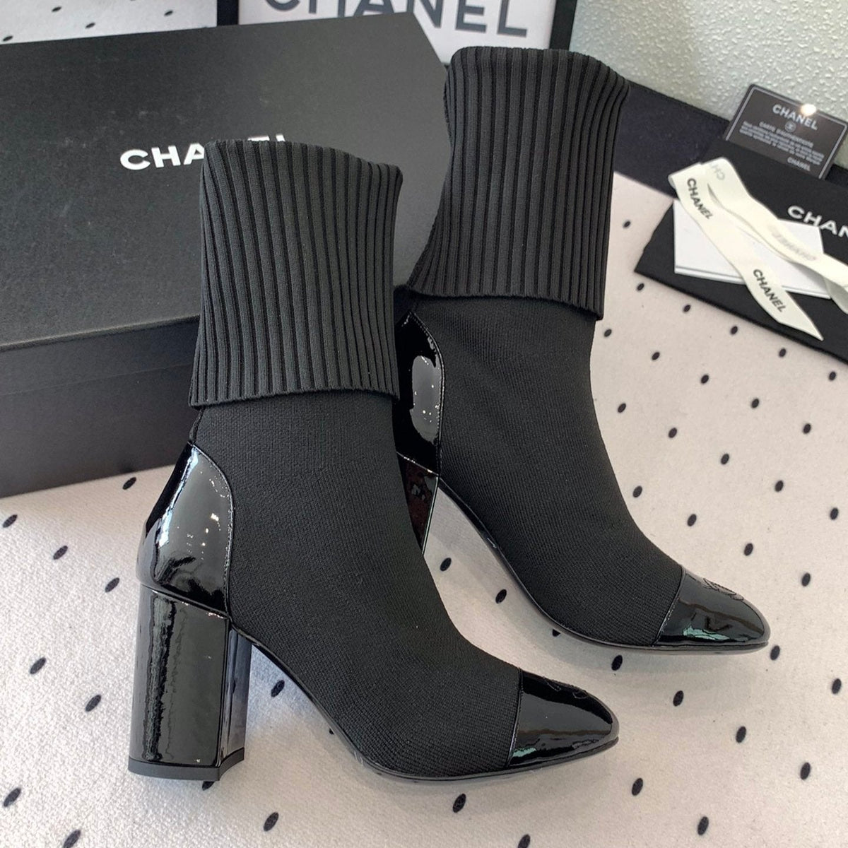 CC Short Boots 85mm Black Wool Mix Glossy Cowhide 938068