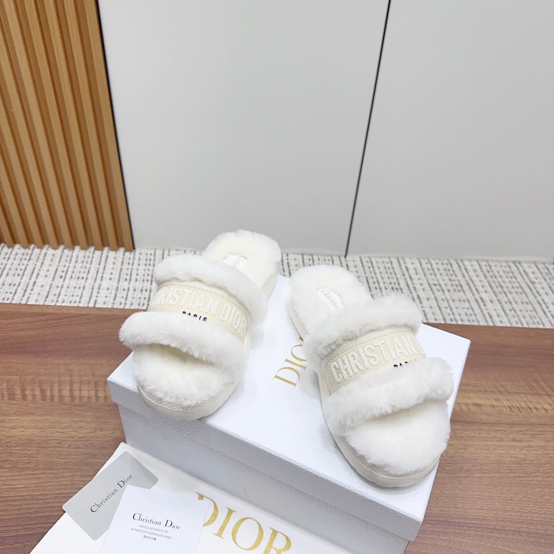 CD Dway Slide White Light Beige Fleece Lining And Canvas Fabric