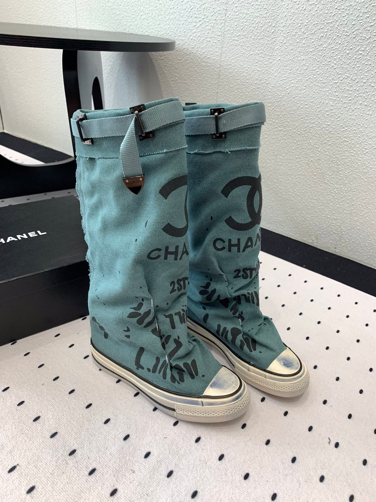 CC High-Top Canvas Boots Turquoise Black Denim Fabric 938047