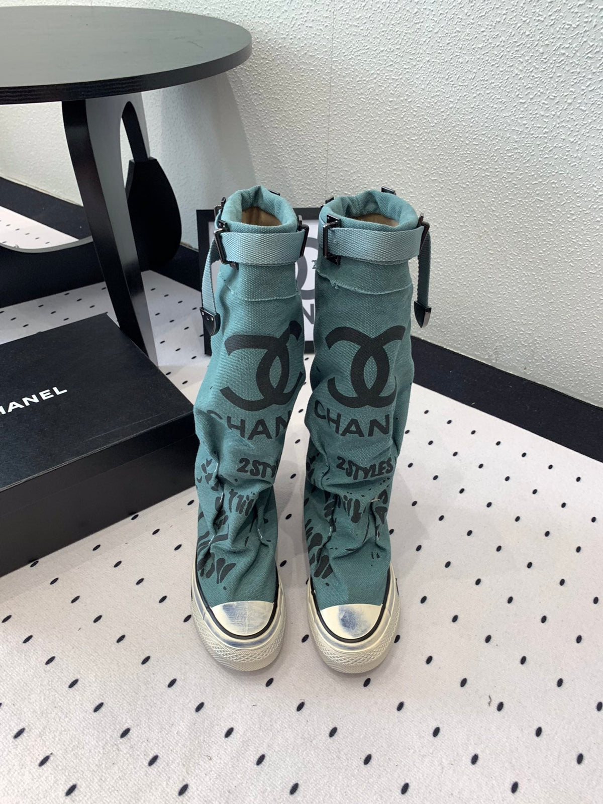 CC High-Top Canvas Boots Turquoise Black Denim Fabric 938047