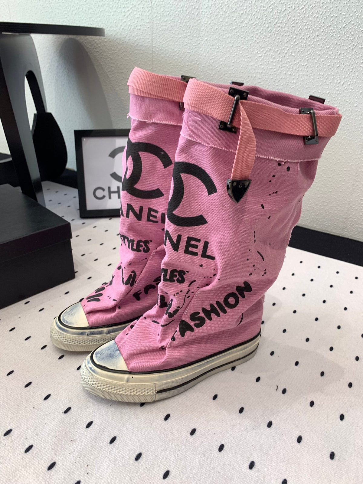 CC High-Top Canvas Boots Pink Black Denim Fabric 938048