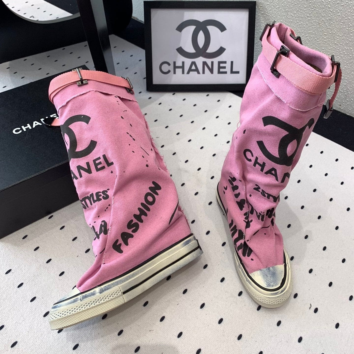 CC High-Top Canvas Boots Pink Black Denim Fabric 938048