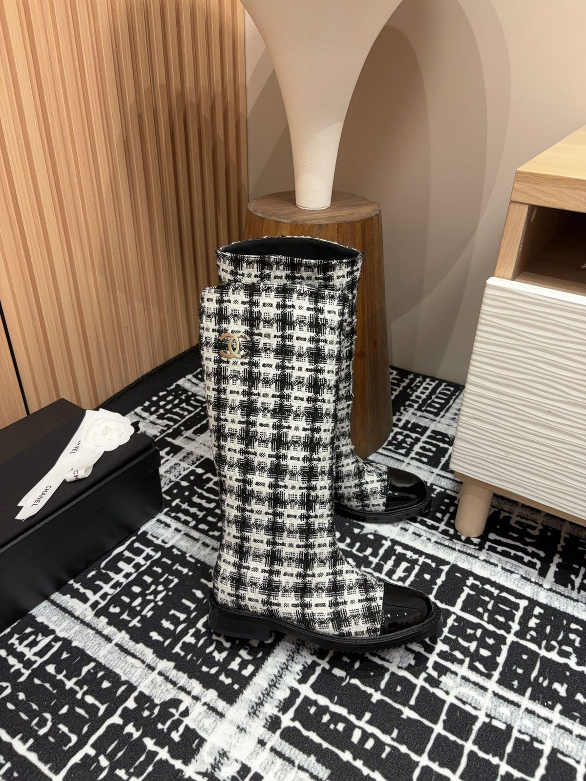 CC High Boots In White Mix Black Wool Tweed And Lambskin