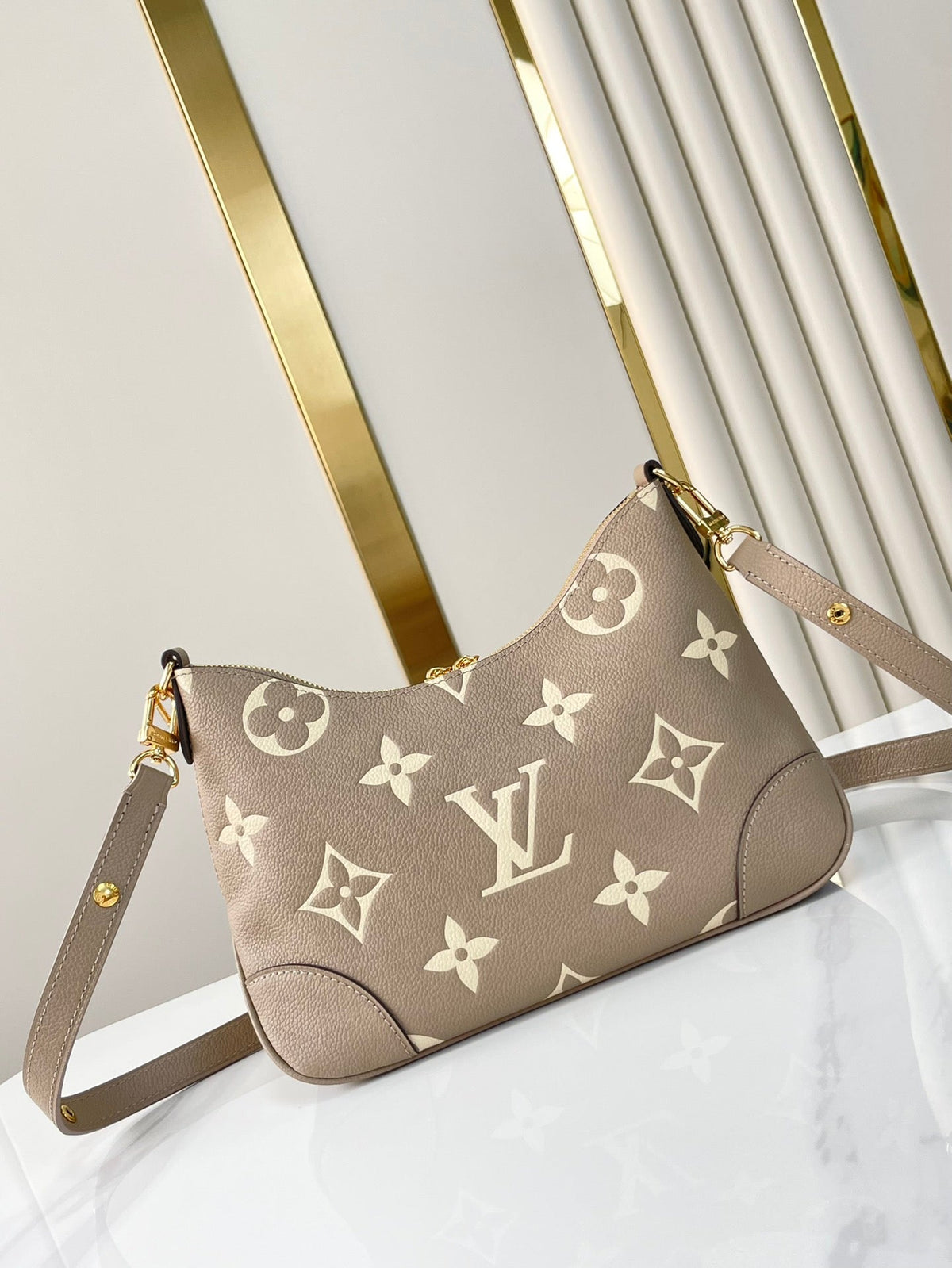 BOULOGNE 29 IN DOVE GRAY AND CREAM MONOGRAM EMPREINTE LEATHER GOLD HARDWARE