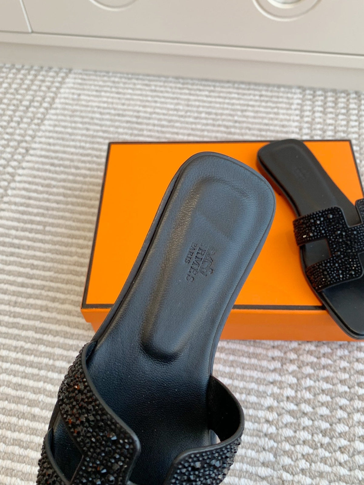 HM Oran Rhinestone Sandals Black Suede Goatskin 291391