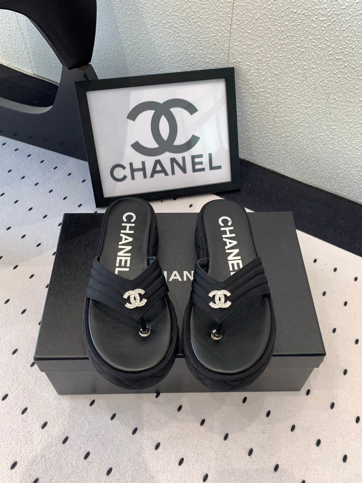 CC Thong Slippers In Black Denim Fabric 147053