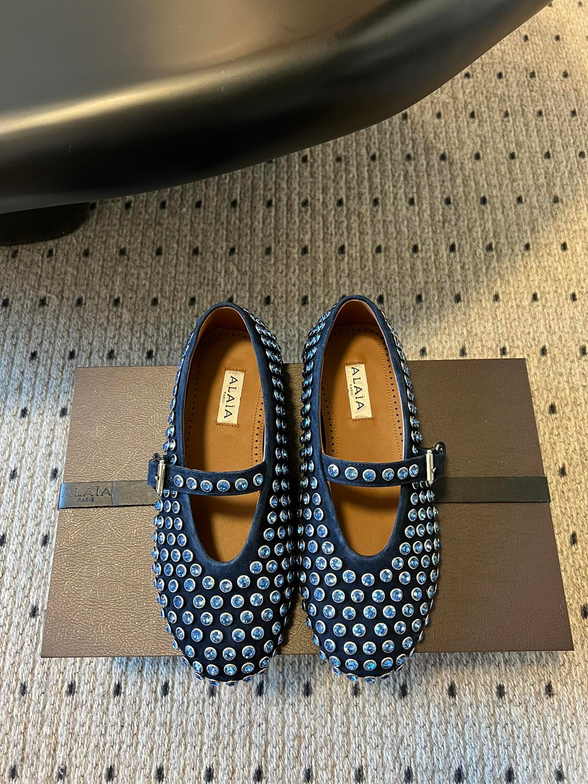 Alaia 25 Strass Ballet Flats Navy Blue Suede Goatskin 303724